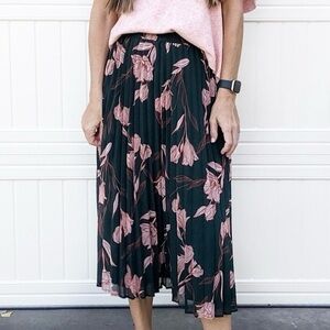 A New Day Dark Green and Pink Floral Midi Skirt